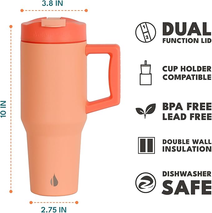 Elemental 32 oz 100% Leak Proof Tumbler with Handle & Straw - Stainless Steel Double Wall Insulated Tumbler for Hot and Cold Beverages - Travel Coffee Mug with Sip & Straw Lid - Peach Sunrise - Bloomnest
