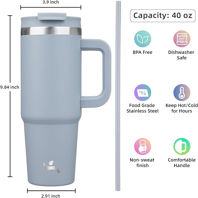 40 oz Tumbler with Handle and 2 Straws,2 in 1 Lid Insulated Water Bottle Stainless Steel Travel Coffee Mug,Lavender - Bloomnest