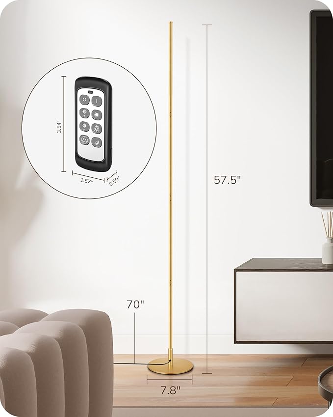EDISHINE LED Corner Floor Lamp, Dimmable Standing Light with Remote, 7 Color Temperature 2700K-6000K, 57.5" Modern Floor Lamp for Bedroom, Living Room, Office, Gold - Bloomnest