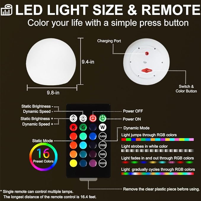 10 In LED Globe Light w/Remote, 16 RGB Colors 4 Modes & 8 Dimmable Brightness LED Ball Light Sphere Lamp, Rechargeable Orb Night Light Waterproof Outdoor Globe Lamp for Home/Yard/Lawn/Party/Pool Decor - Bloomnest