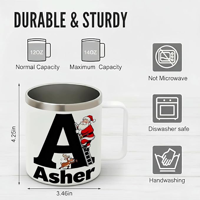 JugJug Personalized Christmas Mug with Initial & Name - Funny Santa Climbing Ladder 12oz Insulated Coffee Cup with Lid - Xmas Gifts for Kids, Boys (B158) - Bloomnest