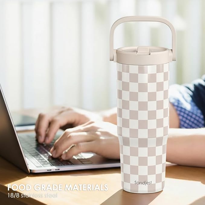 SANDJEST Checker Stainless Steel Straw Lid Tumbler 30oz with Carry Handle for Women Girls, Insulated Travel Coffee Cup, Gift for Sports Outdoor Workout Christmas Birthday - Bloomnest