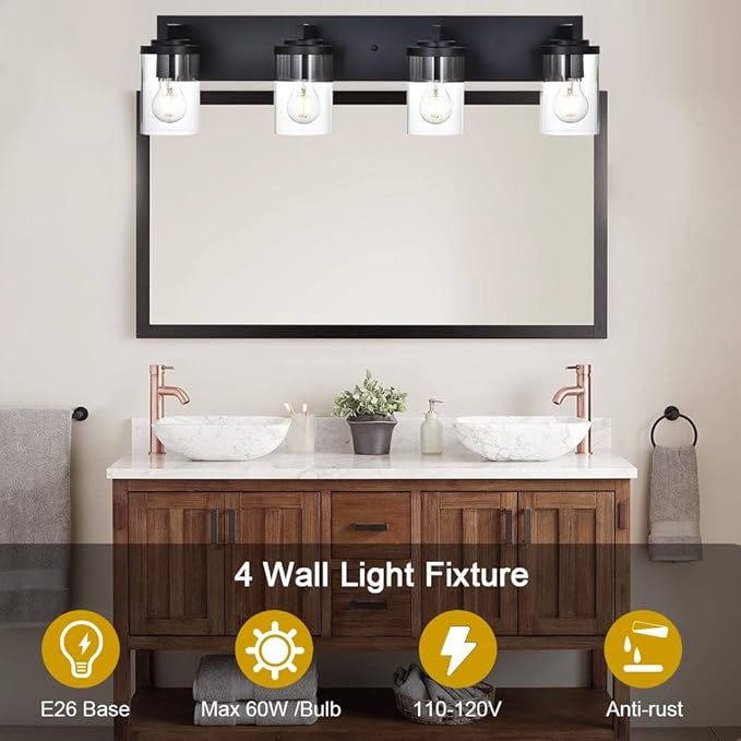 BONLICHT Modern Wall Bathroom Vanity Light Fixture 4 Light Black Metal with Clear Glass Shade,Industrial Vintage Farmhouse Wall Mount Lighting Sconce Bath Lighting Over Mirror for Kitchen Hallway - Bloomnest