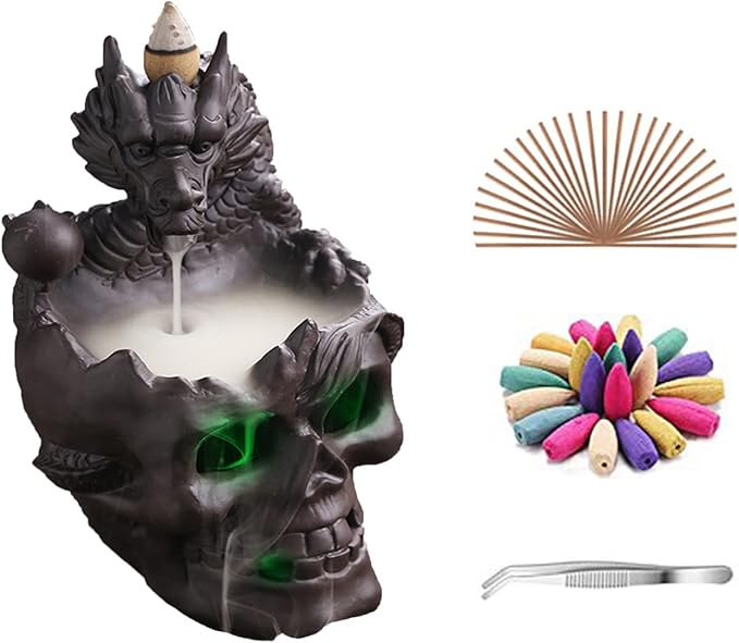 Dragon Waterfall Incense Holder - Ceramic Backflow Burner with Skull Head, Zen Meditation Decor for Home, Bedroom, Yoga Studio - Unique Dragon Statue Gift for Aromatherapy & Relaxation - Bloomnest