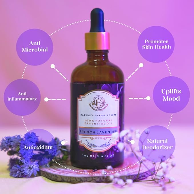 Luxurious French Lavender Essential Oil by Enhanced Essentials|with Glass Dropper|Slow Distilled & Pure| for Home,Diffusers,Skin Care,Aromatherapy,Massage,Soap & Candle Making|3.38 fl oz (100 ml) EnhancedEssentials