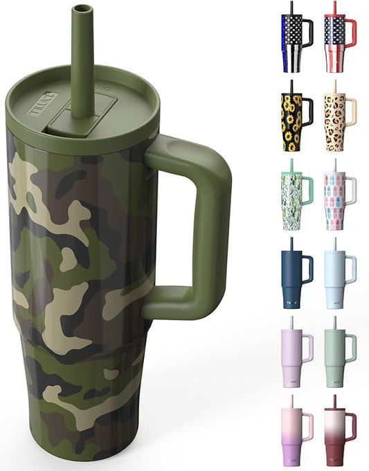 TILUCK 30 oz Tumbler with Handle, Vacuum Insulated Stainless Steel Travel Mug with 100% Leak-Proof Silicone Straw Lid, Cupholder Friendly Water Bottle(Camouflage, 30oz)