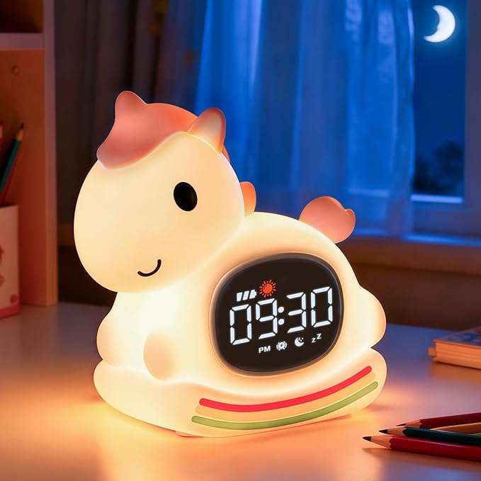 Alarm Clock with Night Light for Kids with Sleep Training and Sound Machine, Rechargeable Silicone Lamp OK to Wake Clock，Cute Animal Tabletop Lamp, Perfect Sleep Companion for Boys Girls,Pink Pony - Bloomnest