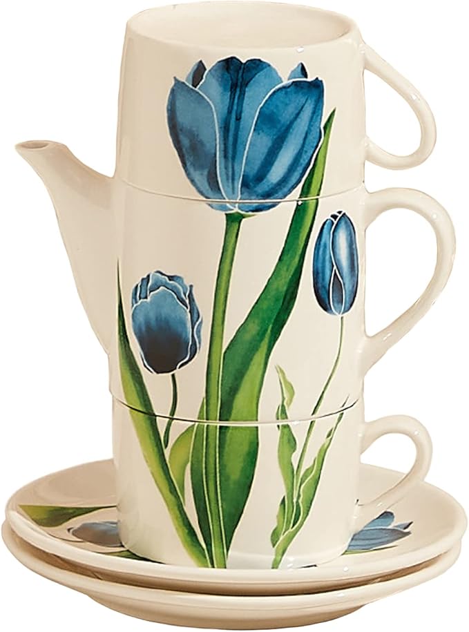 Ceramic Tea Set for Two, 13.6oz Teapot with Infuser, Stacked Kettle Two Cup and Saucer with Handpainted Flower Pattern, Office Home Gift for Women and Adults, Style 1 - Bloomnest