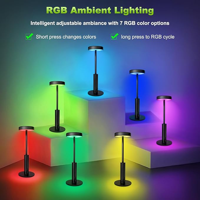 2 Pack Small Cordless Table Lamps Rechargeable,5000mAh Battery Operated Portable Desk Lamp,3 Colors & RGB Stepless Dimmable Wireless Touch Lamps for Restaurant Home Dinner Dining Patio(Black) - Bloomnest
