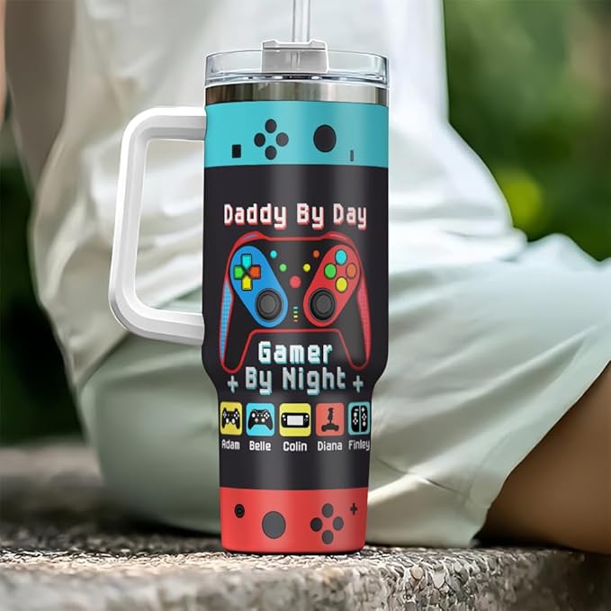 Personalized Gamer Dad Tumbler with Handle and Straw, Custom Controller Design with Kids’ Names, Funny Father’s Day Gift for Gaming Father or Retro Player - Bloomnest