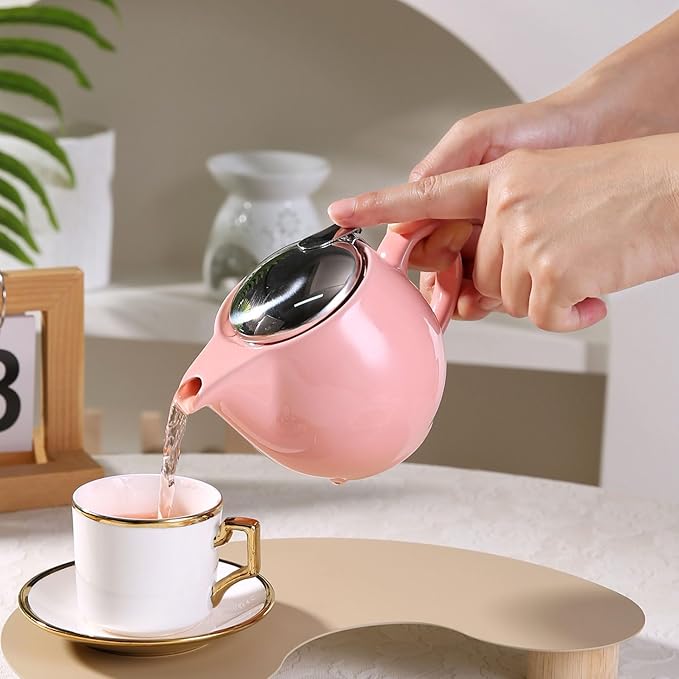 Small Ceramic Teapot With Stainless Steel Infuser, Heat Resistant, Perfect Tea Maker, Pink Teapot 350ml/12.0oz