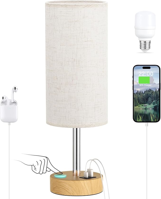 Dicoool Touch Bedside Table Lamp with USB - 3 Way Dimmable Wood Lamp for Bedroom Nightstand, Desk Lamp with Charging Station for Dorm, Living Room, Office, Kids Room, Small, 14in - Bloomnest