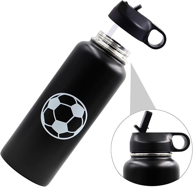 40 oz Soccer Water Bottle with Straw, Wide Mouth Sports Flask Metal Travel Tumbler with 2 Lids, Stainless Steel Double Wall Vacuum Insulated Leak Proof Thermo Water Jug, Soccer Gifts for Boys Girls - Bloomnest