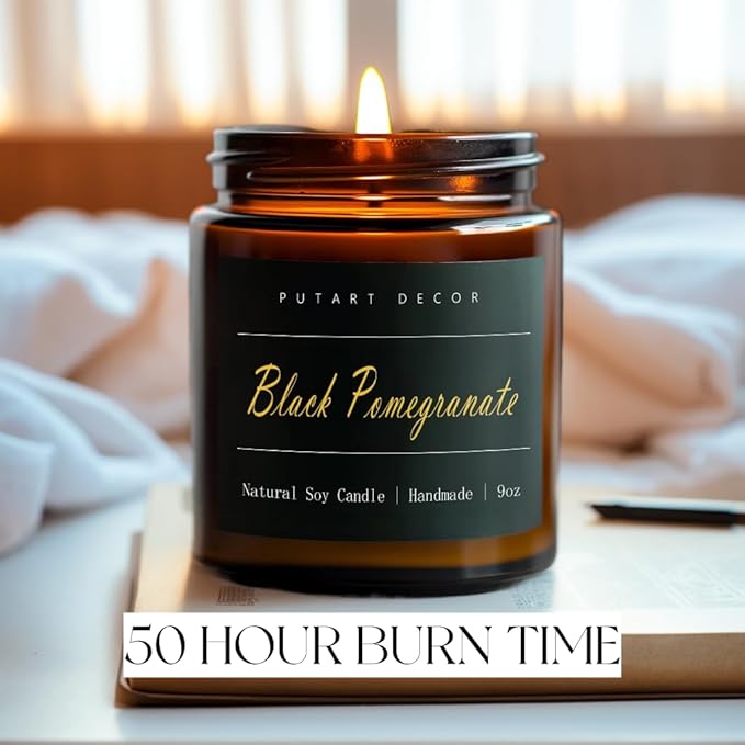 Black Pomegranate Candles for Home Scented，Natural Non Toxic Soy Aromatherapy Candle Gifts for Women & Men, Strong Fragranced & Long Lasting Brown Glass Jar Candles with Essential Oils (9oz) - Bloomnest