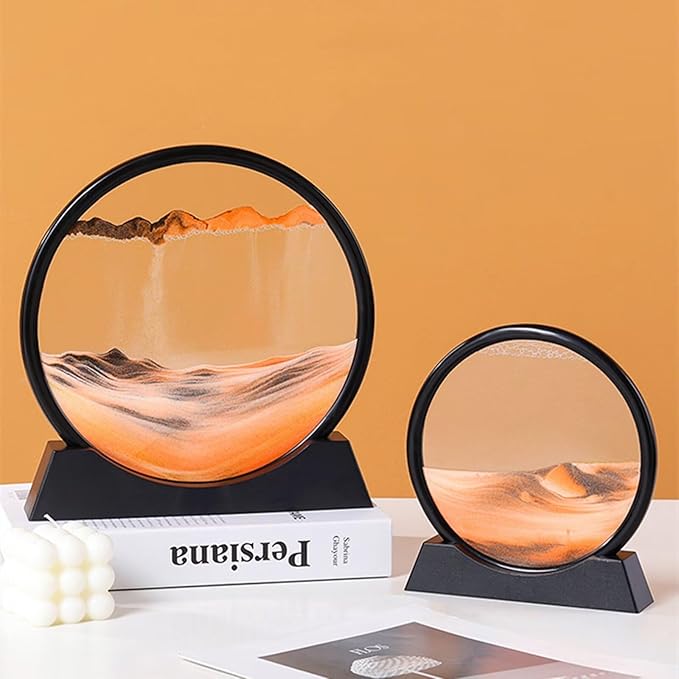 BGFJYUK Moving Sand Art Picture in Motion, Round Tempered Glass 3D Deep Sea Sandscapes with Display Flowing Sand Frame for Relaxing Desktop Home Office Work Décor for Kids Adults (Orange, 12inch) - Bloomnest