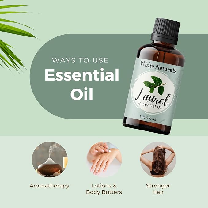 White Naturals Organic Laurel Leaf Essential Oil, 100% Pure Therapeutic Grade Undiluted Natural/Homeopathic Aromatherapy Scented Bay Essential Oil for Diffuser, Vegan Cruelty-Free 1 oz - Bloomnest