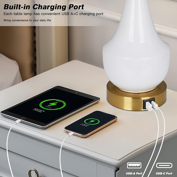Modern White Table Lamp, 24" Ceramic Table Lamp with USB A+C Ports,Classic Beside Lamps Nightstand Lamp Modern Lamp for Living Room, Bedroom & Office -LED Bulbs Included - Bloomnest