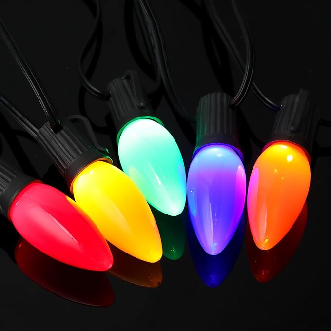 25-Pack Ceramic C9 Christmas Light Bulbs, Multicolor LED Light Bulbs Holiday Decoration, Christmas Decor for Indoor & Outdoor Use, E17/C9 Intermediate Base (Multicolor Smooth) - Bloomnest