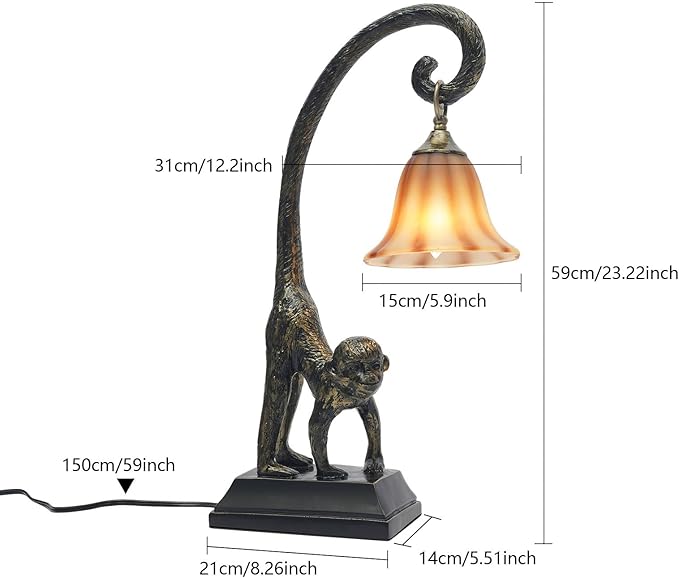 Tiffany Table Lamp Resin Bronze Monkey Lamp Vintage Animal Desk Lamp Bedside Light Easy Use for Home Decor,Living Room, Bedroom 23inch Tall Push Button Switch (Right) - Bloomnest