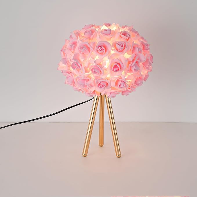 Pink Rose Flower Lamp Cute Table Lamp Flower Desk Lamp Floral Bedside Nighstand Light Atmosphere Girls Princess Lamp with Gold Tripod for Bedroom Wedding Christmas Gift Hotel Living Room - Bloomnest