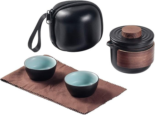 Mini Travel Ceramic Tea Pot Set Chinese Kung Fu Teapot, 1 Pot 2 Cups Porcelain Teacups with Tea Infuser Portable Bag for Outdoor Picnic (Black)