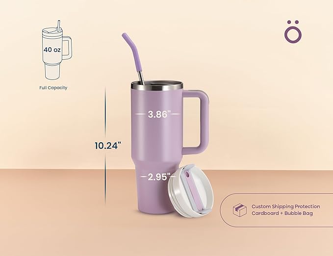 KooK Stainless Steel Tumbler, with Straw and Handle, Leakproof, Vacuum Insulated Travel Coffee Mug, Reusable Double Walled Water Bottle, Keeps Hot or Cold, 40 oz, Lilac - Bloomnest
