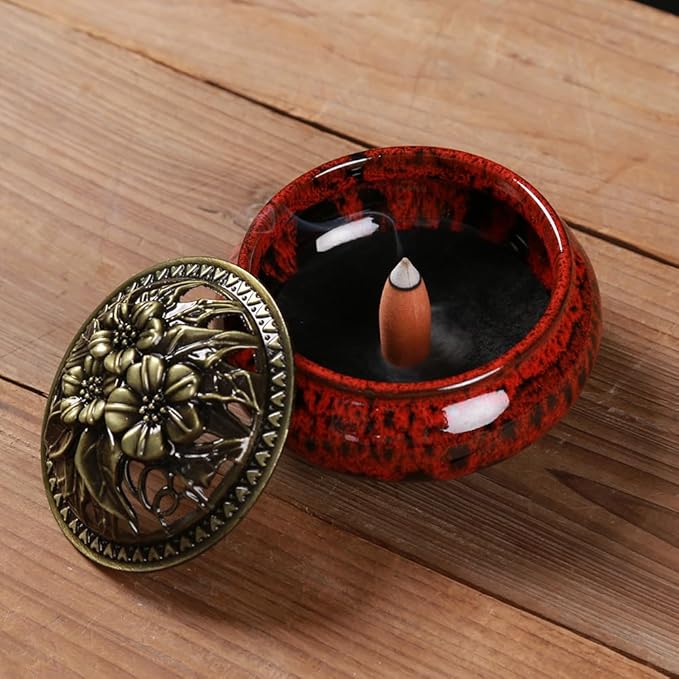 Incense Burner with Calabash Incense Stick Holder - Porcelain Charcoal Censer for Use with Resin Granular Powder Cone or Coil Incense (Fambe Red) - Bloomnest