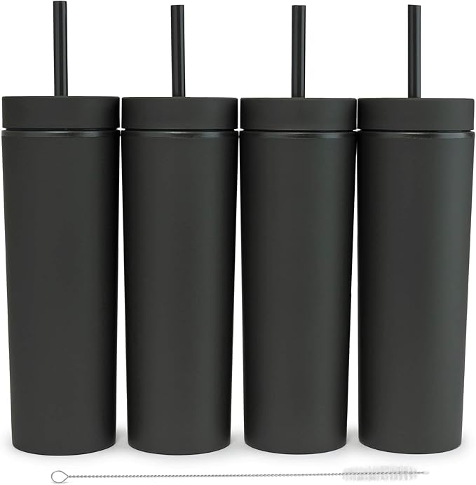 SKINNY TUMBLERS Matte Pastel Colored Acrylic Tumblers with Lids and Straws (4 pack) | 16oz Double Wall Plastic Tumblers With FREE Straw Cleaner! Reusable Cup With Straw | Vinyl DIY Gifts (Black) - Bloomnest