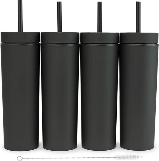 SKINNY TUMBLERS Matte Pastel Colored Acrylic Tumblers with Lids and Straws (4 pack) | 16oz Double Wall Plastic Tumblers With FREE Straw Cleaner! Reusable Cup With Straw | Vinyl DIY Gifts (Black) - Bloomnest