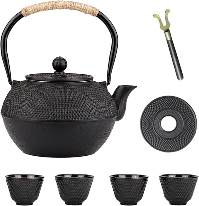 YJX Cast Iron Tea Pot Set, Japanese Tetsubin, 40.6oz Tea Kettle for Stovetop, Black Teapot with Stainless Steel Infuser for Loose Leaf Tea, 1200ml Small Asian Tea Set with Teacups - Bloomnest