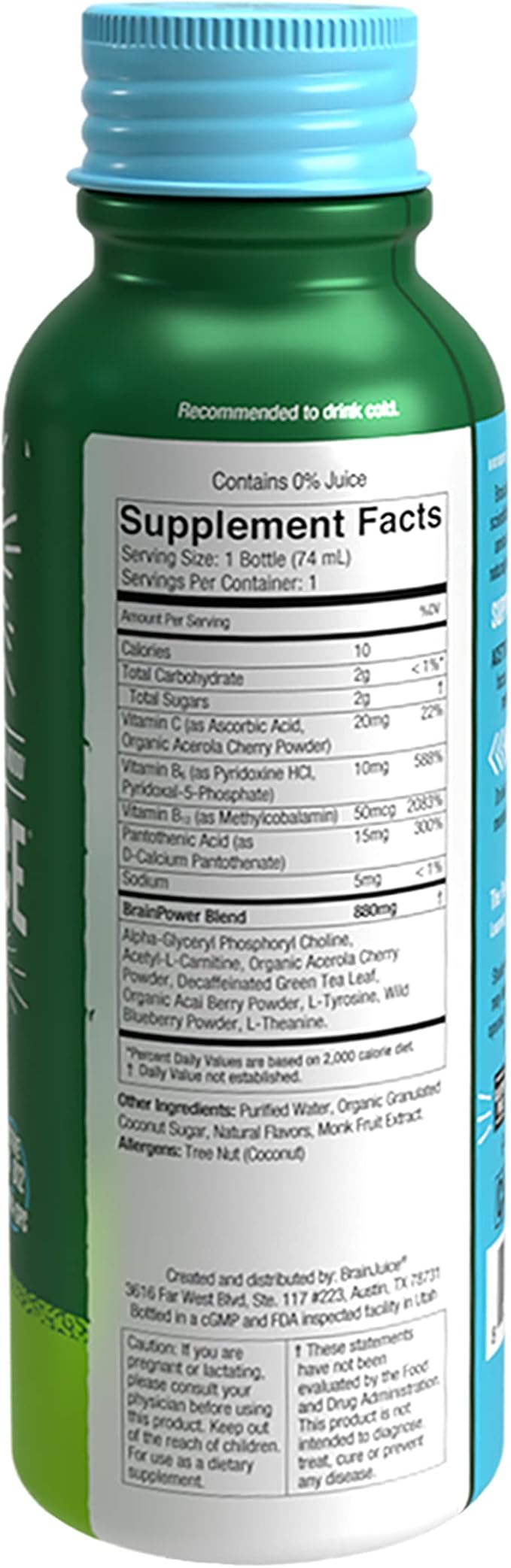 BrainJuice Decaf Brain Support Shot, Gluten Free Supplement Shots for Energy & Focus, Healthy Drinks with Alpha GPC, Vitamin B & Decaffeinated Green Tea Leaf, Classic, 2.5 fl oz, 12 Pack - Bloomnest
