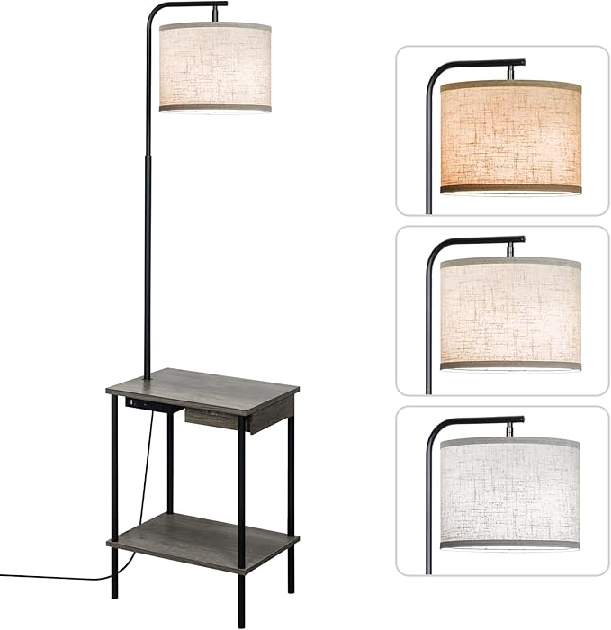 Floor Lamp with Table & Drawers, End Table Lamp with USB Charging Portt Power Outlet and Shelves, Side Table Reading Light with 3 Color Temperature Led Bulb Included for Living Room, Gray - Bloomnest