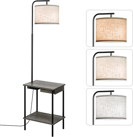 Floor Lamp with Table & Drawers, End Table Lamp with USB Charging Portt Power Outlet and Shelves, Side Table Reading Light with 3 Color Temperature Led Bulb Included for Living Room, Gray - Bloomnest