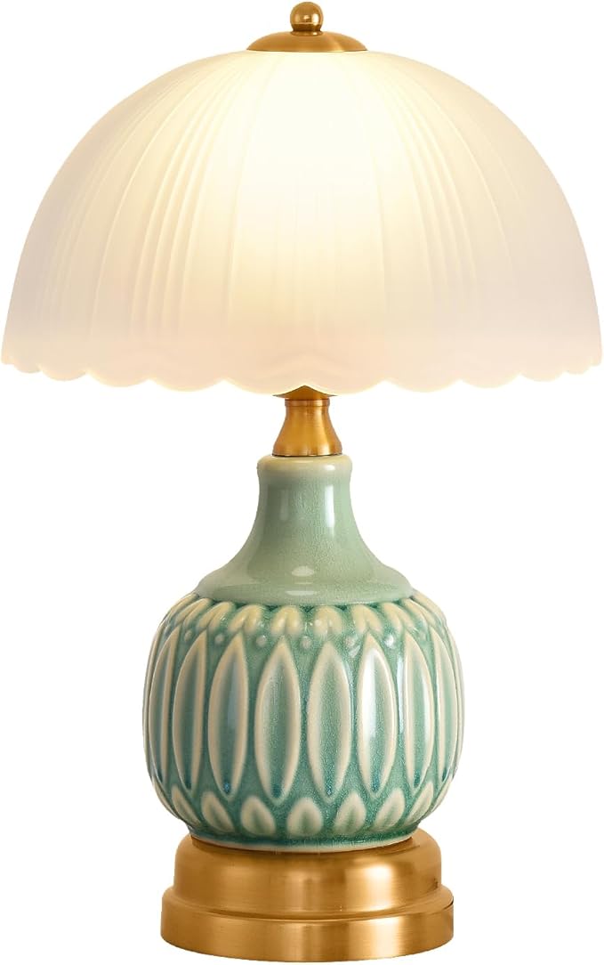 Table Lamps for Bedroom Vintage Golden Table Lamps for Bedroom Ceramic Retro Lamp for Living Room,16" Modern Bedside Nightstand Traditional Lamps, Classic Chinoiserie Green Glass Lamp for Home Decor - Bloomnest