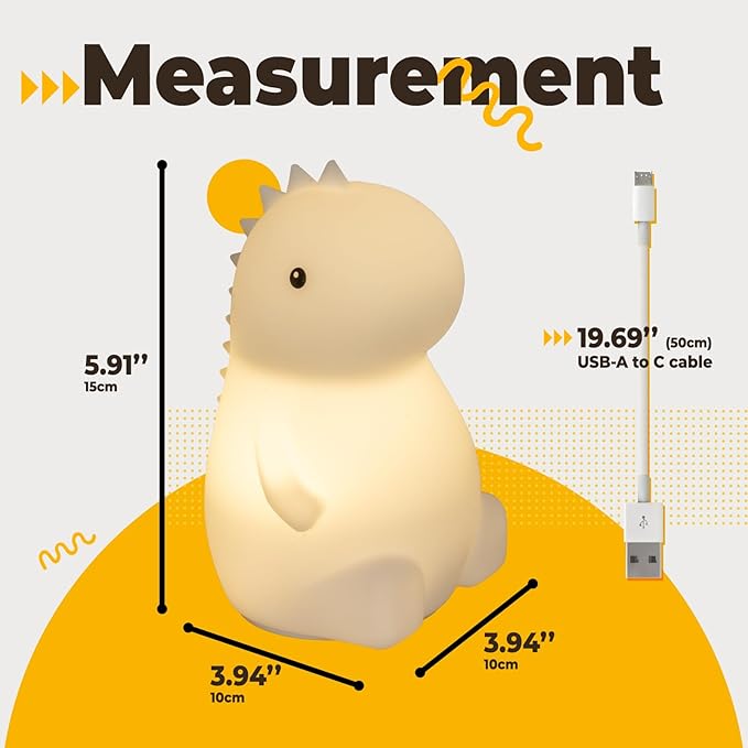 LED Squishy Animal Night Light - 2 Level Dimmable Nursery Lamp for Kids, Rechargeable Touch Lamp, Cute Dorm Decor - Perfect Baby Boys Girls Gift (Little Dinosaur) - Bloomnest