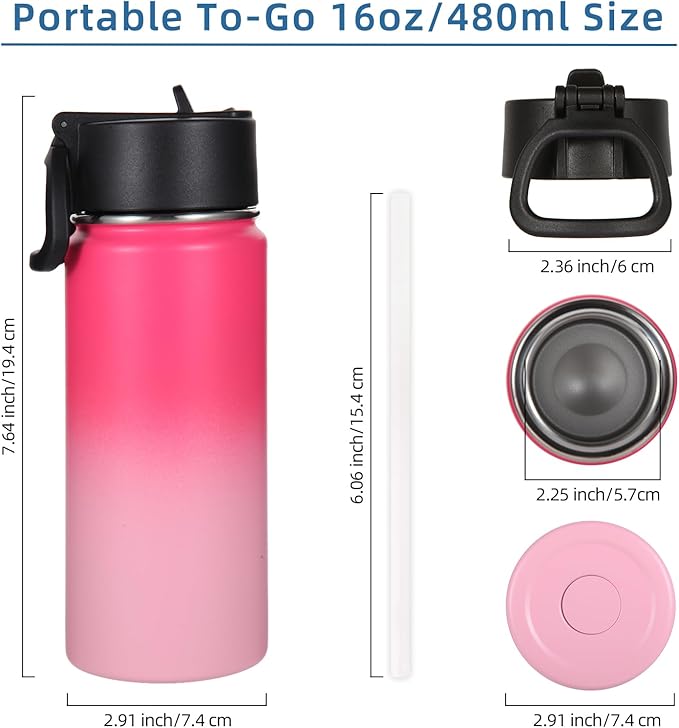 Volhoply Kids Insulated Water Bottle with Straw,16oz Stainless Steel Cold Water Bottles for School,BPA-Free Metal Wide Mouth Cups with Handle Lid,Reusable Double Wall Vacuum Sport Flask(Peach,1) - Bloomnest