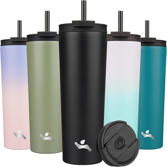 30 OZ Insulated Tumbler with Lid and 2 Straws Stainless Steel Water Bottle Vacuum Travel Mug Coffee Cup,Black - Bloomnest