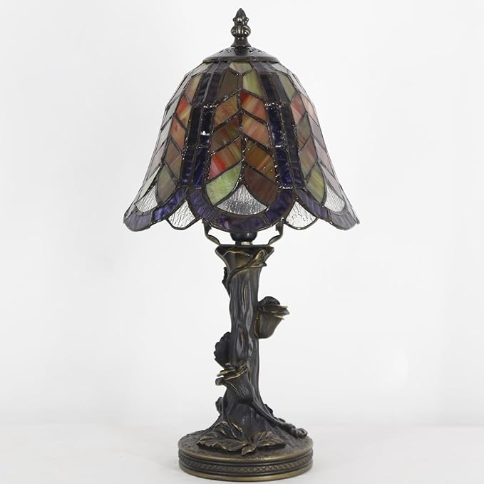 Small Tiffany Lamp Mini Purple Maple Leaf Stained Glass Table Lamp Desk Light 8X8X15.5 Inches with Resin Flower Bas - Bloomnest