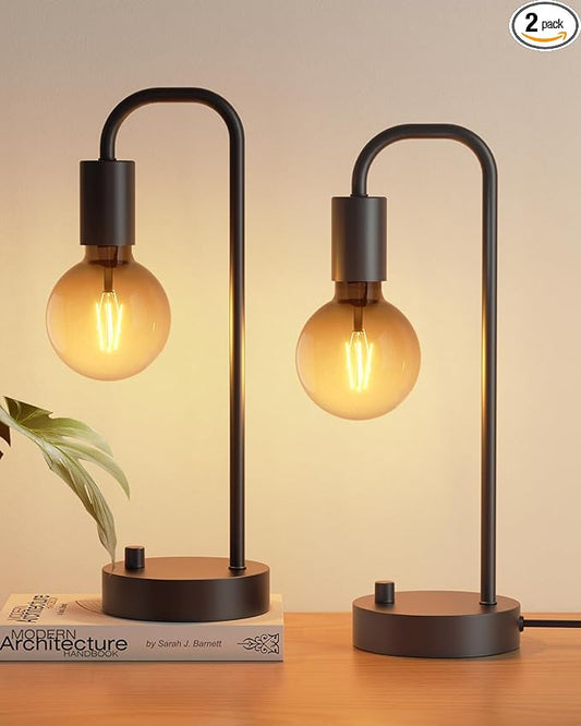 ONEWISH Industrial Table Lamp Set of 2, Fully Dimmable Beside Lamp with Gradient Black Art LED Bulb, Modern Nightstand Desk Lamps for Bedroom, Living Room, Office, Reading(Bulb Included) - Bloomnest