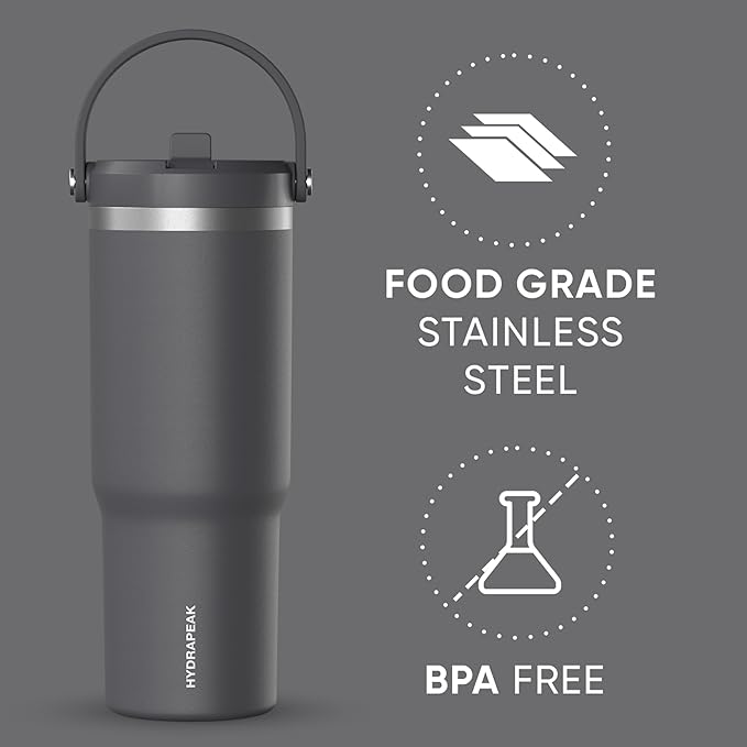 Hydrapeak Nomad 32 oz Tumbler with Handle and Straw Lid, Leakproof, Double Insulated, 32oz Cup, Stainless Steel | Grey Matter - Bloomnest