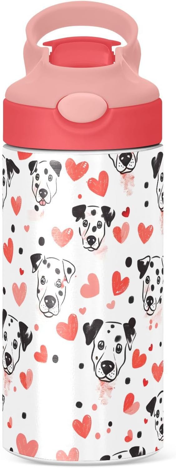 Love Dalmatian Dog Kids Insulated Water Bottle, Toddlers Tumbler Travel Cup with Straw & Handle Stainless Steel Cup for Travel School Girls 12 oz - Bloomnest