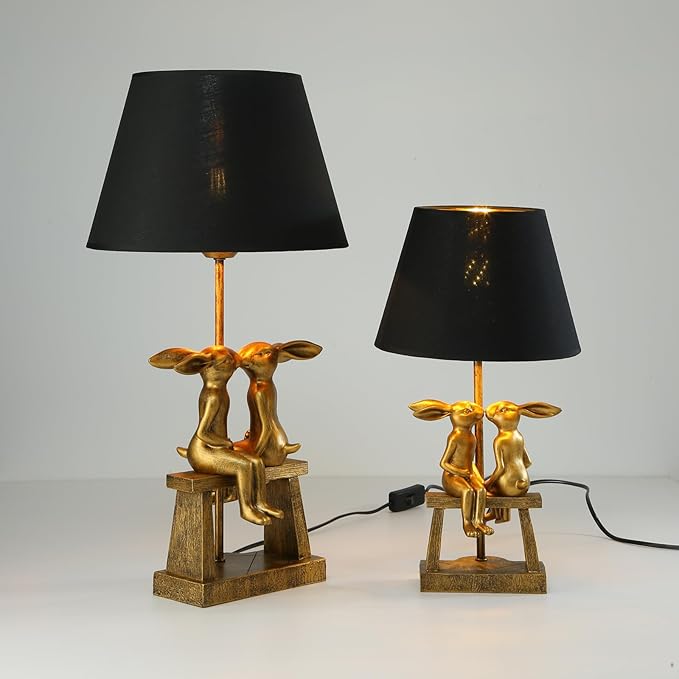 Kissing Bunny Lamp,H16ins Resin Gold Rabbit Table Lamp,Bedroom Bunny Night Light, Energy Efficient Nightstand Lamp,as Present for Belover (Small Black Shade) - Bloomnest