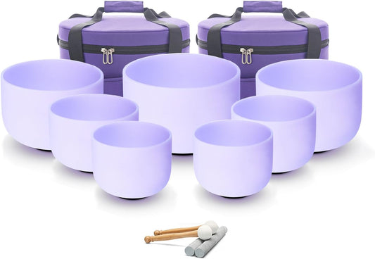 Hye-eun 432hz Purple Crystal Singing Bowls Set of 7Pcs Quartz Frosted Sound Chakra Bowls with Carrying Case for Yoga Meditation Healing Percussion Instruments