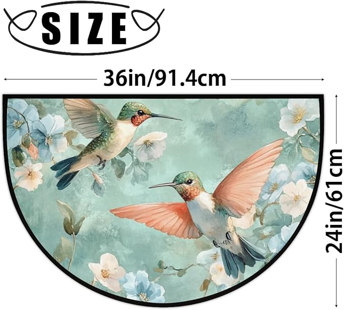Half Round Door Mat, Teal Hummingbirds and Flowers Half Circle Rug for Home Decor Floor Indoor Outdoor Non-Slip Washable Half Moon Rug Doormat 36X24 Inch - Bloomnest