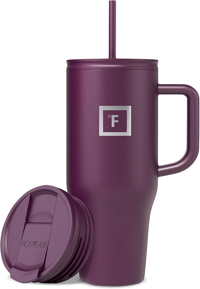 IRON °FLASK Co-Pilot Insulated Mug w/Straw & Flip Cap Lids - Cup Holder Bottle for Hot, Cold Drink - Leak-Proof - Water, Coffee Portable Travel Mug - Burgundy, 32 Oz - Bloomnest