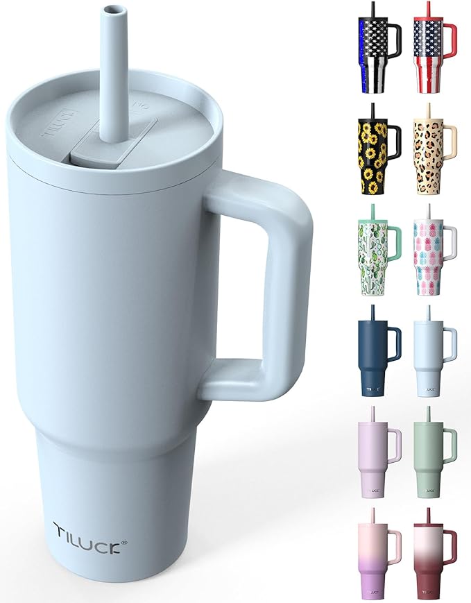 TILUCK 40 oz Tumbler with Handle, Vacuum Insulated Stainless Steel Travel Mug with 100% Leak-Proof Silicone Straw Lid, Cupholder Friendly Water Bottle(LightBlue, 40oz)