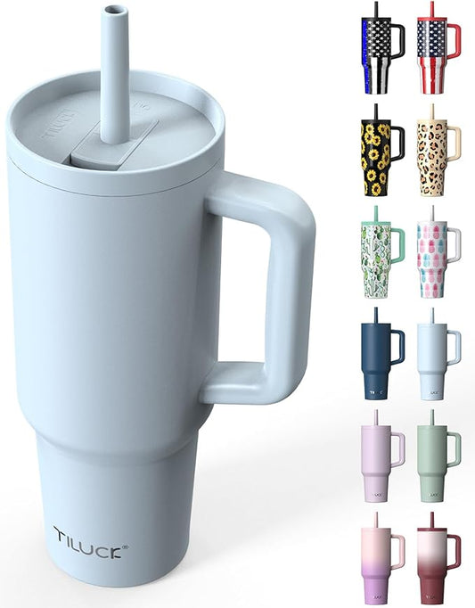 TILUCK 40 oz Tumbler with Handle, Vacuum Insulated Stainless Steel Travel Mug with 100% Leak-Proof Silicone Straw Lid, Cupholder Friendly Water Bottle(LightBlue, 40oz)