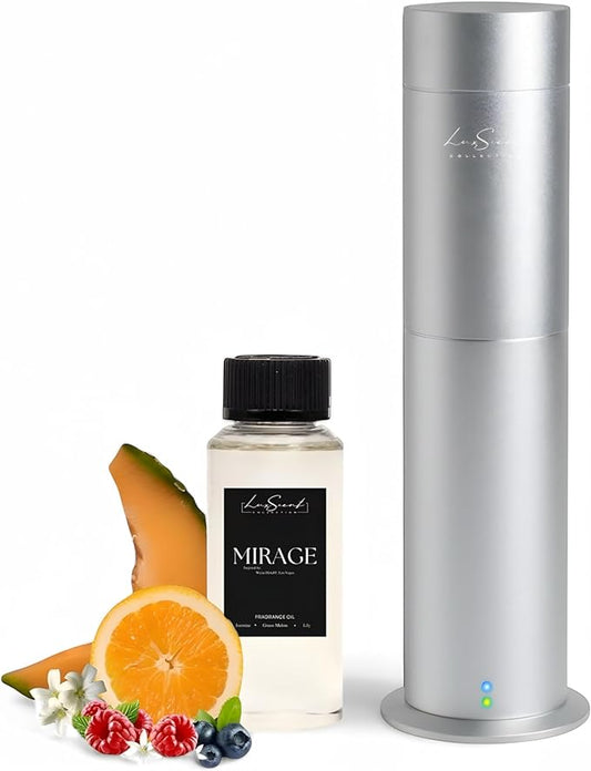 Aroma Scent Diffuser Starter Kit for Up to 1000SQ. FT. Coverage - 120ML Waterless Essential Aroma Scent Oil Included - Luxury Aroma Diffuser Ideal for Home, Office & Hotel (Silver, Mirage) - Bloomnest