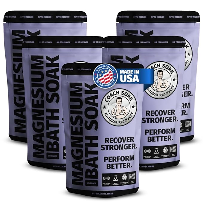 Coach Soak Recovery Bath Soak - Alternative to Epsom Salt Bath Soak - Fast-Absorbing Pure Magnesium Flakes with 21 Minerals, Bath Salts & Essential Oils - 15 lb (5 Pack) - Lavender - Bloomnest