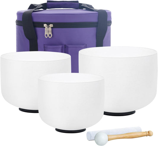 8-14 inch Set of 3 Singing Bowls 432HZ 8"A 10"F 14"C Frosted Chakra Quartz Crystal Sound Healing Bowls with 1 Travel Carry Case Bag 1 Mallet Suede 1 Striker 3 O-rings